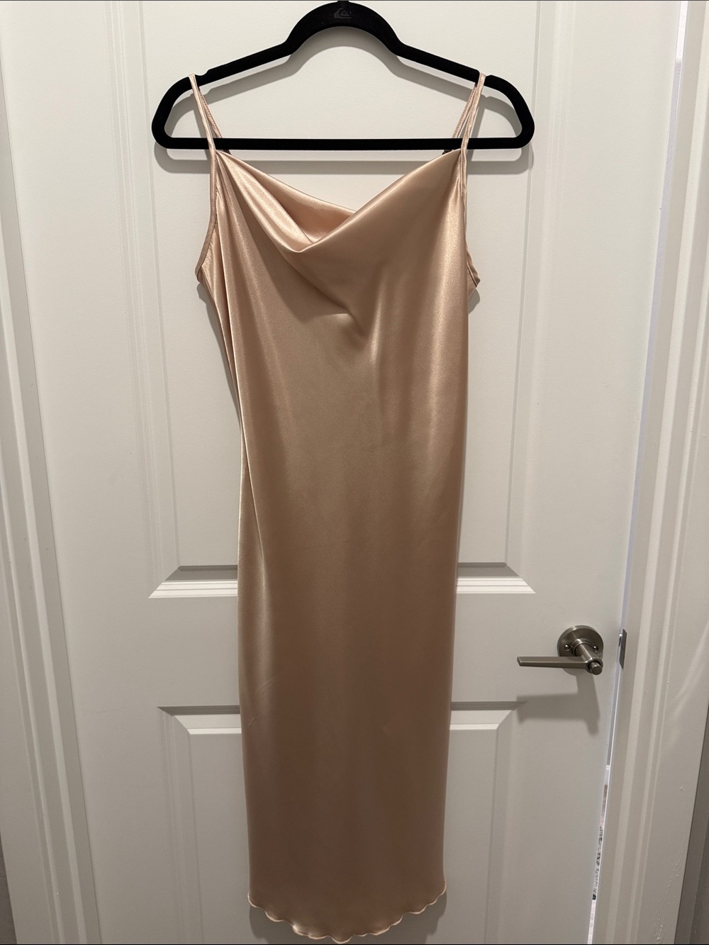 bebe Champagne Satin Cowl Midi Slip Dress